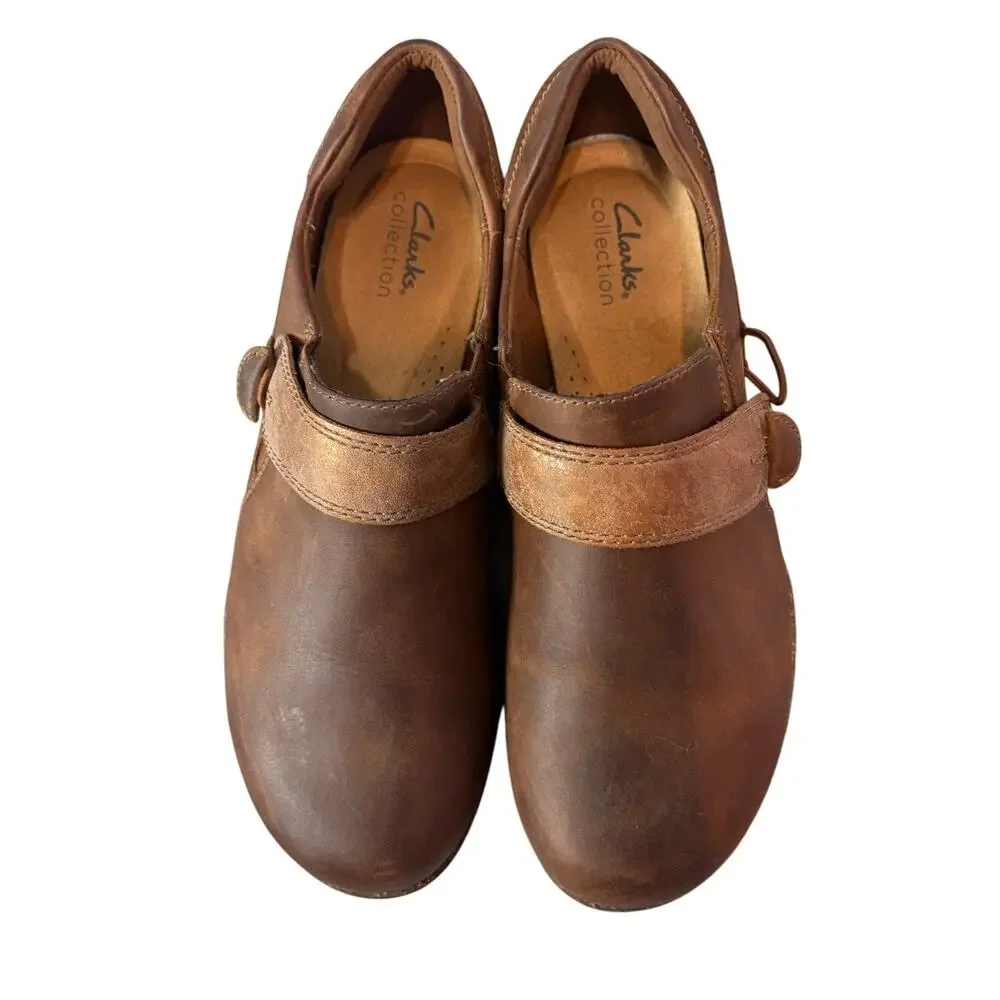 Clarks Collection Brown Leather Mary Jane Comfort Clogs Women's 9 Comfort Work